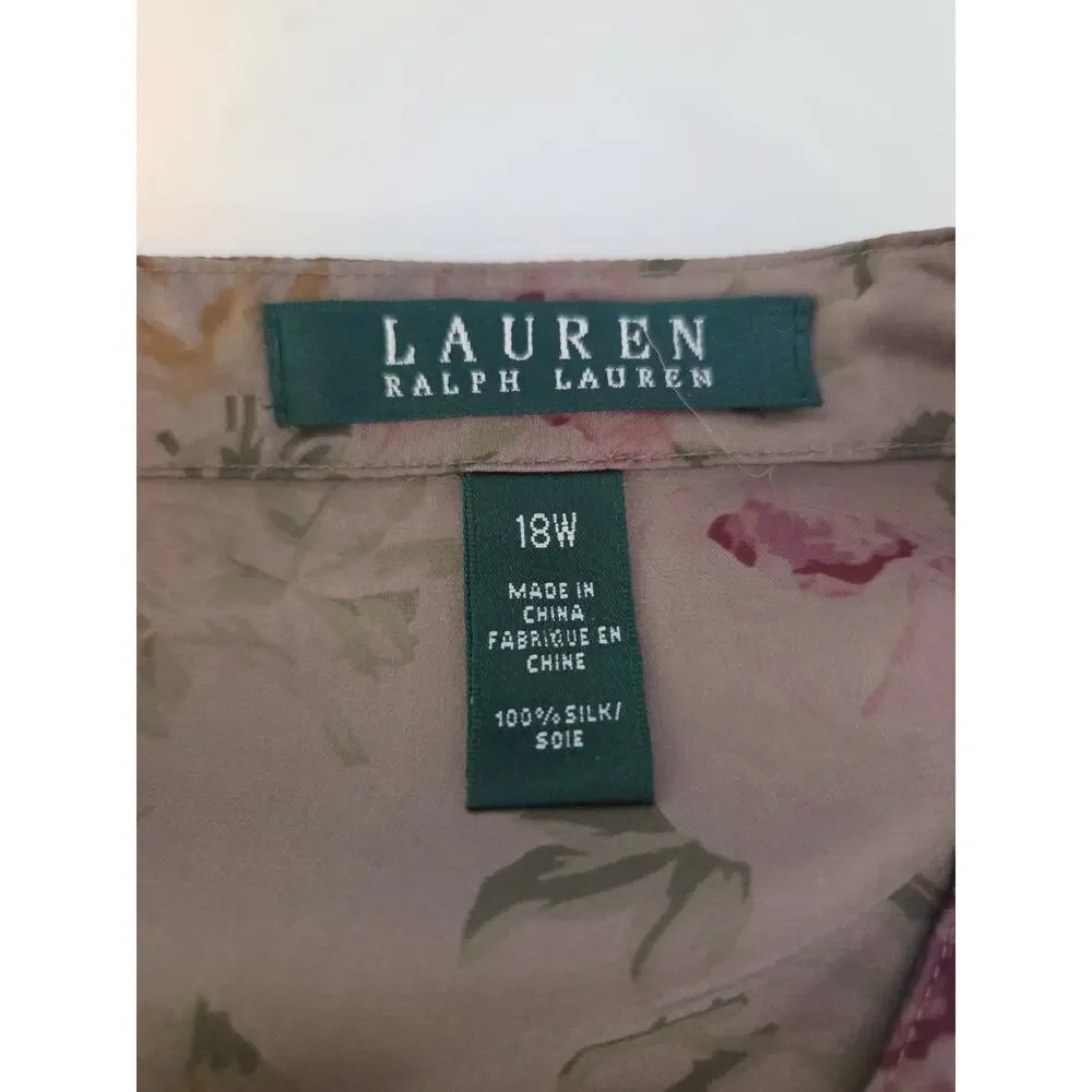 Lauren Ralph Lauren 100% Silk Brown Floral LS Ruffle Jabot Blouse Women Plus 18W - Picture 11 of 11